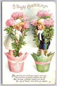 Ellen Clapsaddle Easter Fantasy~Lil Boy & Girl in Pink & Lime Flower Pots~Emboss - Picture 1 of 2