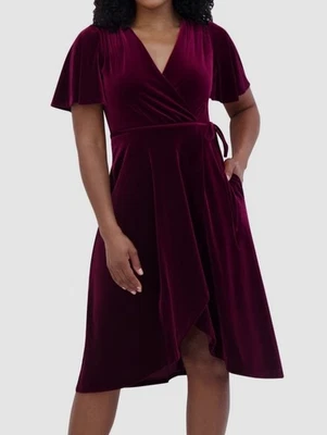 Vestido midi Jessica Howard para mujer rojo de terciopelo envolvente sintético talla pequeña 14P Foto 1 de 3