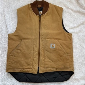 VTG Carhartt Quilted Canvas Zip Up Vest Adult L Light Brown USA Made Work Wear - Picture 1 of 12