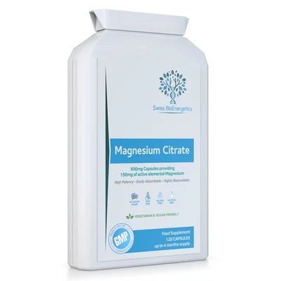 SWISS BIOENERGETICS Magnesium Citrate 500mg 120 Capsules - providing 150mg of elemental Magnesium