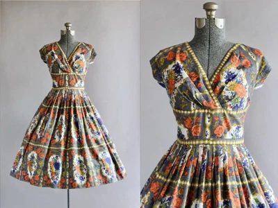 Vintage 1950s Richard Shops Gray and Orange Floral Dress w/ Empire Bust XS/S - Image 1 of 4