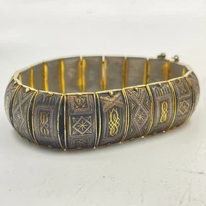 Vintage Damascene Style Bracelet Black and Gold Etched Panels Safety Chain Clasp - Picture 1 of 6