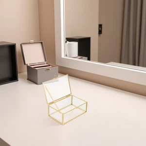  Glass Keepsake Box: Golden Rectangular Glass Keepsake Box Decorative Jewelry - Picture 1 of 12
