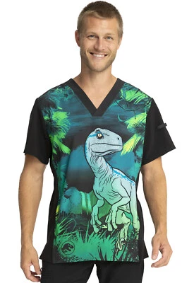 Raptor Cherokee Scrubs Tooniforms Jurassic World Mens V Neck Top TF708 JWUG - Image 1 of 4