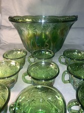 INDIAN GLASS PUNCH BOWL SET IRIDESCENT GREEN CARNIVAL HARVEST GRAPE 12CUPS