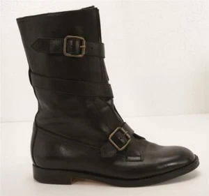 MANOLO BLAHNIK Black Leather Flat Mid-Calf Buckle Strappy Moto Boots 6.5 - 36.5 - Picture 1 of 7