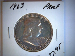 1963 Prueba Franklin medio dólar, moneda de plata, moneda de cincuenta centavos de plata - Imagen 1 de 2
