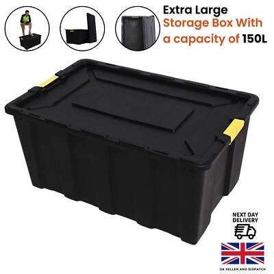 NOVECRAFTO Caja de almacenamiento extra grande con tapa 150L - Contenedor de plástico negro de alta resistencia