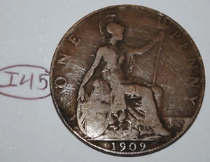1909 Great Britain 1 Penny Edward VII UK Coin KM# 794.2 Lot #I45 - Picture 1 of 2