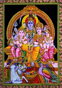 Cotton Indian Tapestry Lord Shiva Family Wall Decor Sequin Hanging Wall Poster - Picture 1 of 4