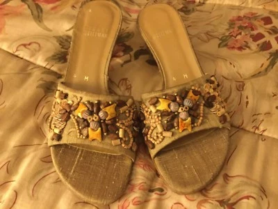 NEW STUART WEITZMAN Linen beaded sequins kitten Heel Slides Sandals 4 M - Image 1 of 4