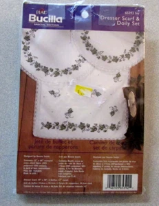 Plaid Bucilla Stamped Cross Stitch Fabric Dresser Scarf 14 X 38 Two Doilies 12" - Picture 1 of 10