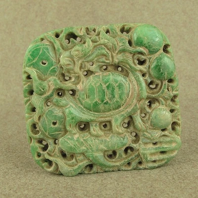 Qing Dynasty Old Green Jadeite Antique Jade Carved Turtle Body Dragon Pendant - Image 1 of 4