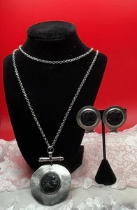 Victorian Style Black Silver Cameo Face Necklace w/Earrings Revelry Silver Chain - Picture 1 of 6