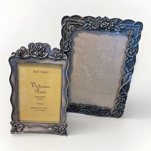 Set Of Pewter Rose Themed Photo Frames 5x7 And 4.5" X 3.25" Free Standing - Picture 1 of 5