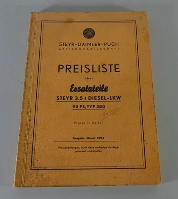 Listino Prezzi Circa Pezzi di Ricambio Steyr 3,5 T - Diesel - Camion Tipo 380 - - Immagine 1 di 4