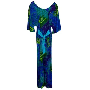 Vintage 60s Two Potato Blue Green Bell Sleeve Maxi Dress Large Mod Psychedelic - Bild 1 von 11