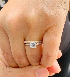 1 Ct Asscher Cut Diamond IGI VS1 Lab Grown Wedding Band Ring 14k Yellow Gold - Picture 1 of 14