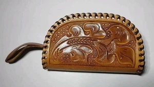 Cartera Monedero Floral Western Boho Vintage Clifton's Cuero Tocado a Mano con Cremallera - Imagen 1 de 4