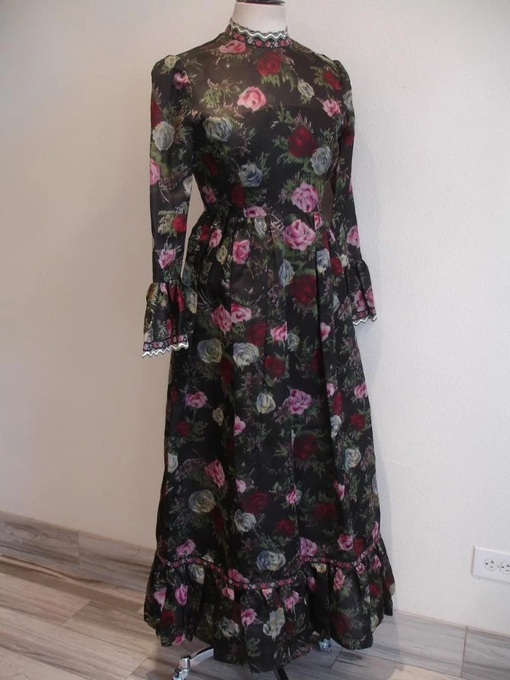 Vestido Largo Para Mujer M L De Colección Años 40 Tina Reader Original Negro Estampado Floral Foto 1 de 4