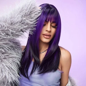 Rock the look with our Ombre Black Purple Layered Long Straight Synthetic Wig - Picture 1 of 11
