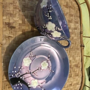 Japan China Porcelain Takito Blue Lustreware Cherry Blossom Cup & Saucer Set - Picture 1 of 5