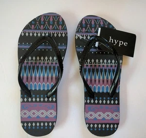Womens flip flop Hype Size 5 6 7 8 New Black Geo Sequins Printed Sandals - Picture 1 of 3