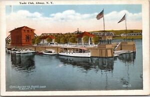 Postcard NY Yacht Club Boats House Dock Pier Flags Water View Albany New York