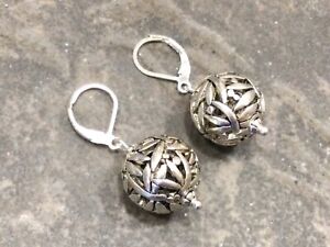 Dragonfly Silver Filigree Ball dangle Earrings with Sterling Silver Leverbacks 