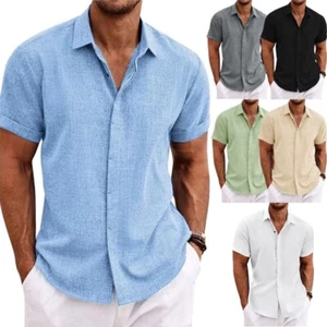 Camiseta Hombre Manga Corta, Color Sólido Manga Corta Algodón y Lino Camisa - Imagen 1 de 12