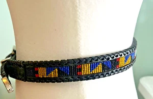 Vintage 80s Black Leather Belt Sz 28 Braided Bead Inlay Silver Buckle Western - Picture 1 of 8