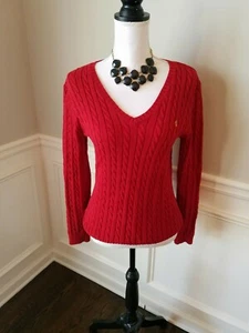 Lauren Ralph Lauren Red Cable Knit Sweater Pullover Women's Small RLL Front Logo - Picture 1 of 10
