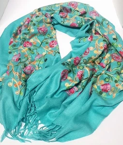 Pashmina Schal bestickt Rechteck Aqua mit Yel/Pnk/Olve/Koralle Blumen Overall - Bild 1 von 6