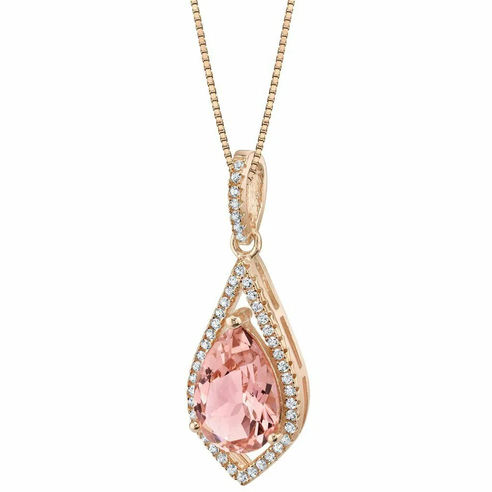 Morganite Natural Diamond Exquisite Drop Pendant 14k Solid Rose Gold NO CHAIN - Image 1 of 4