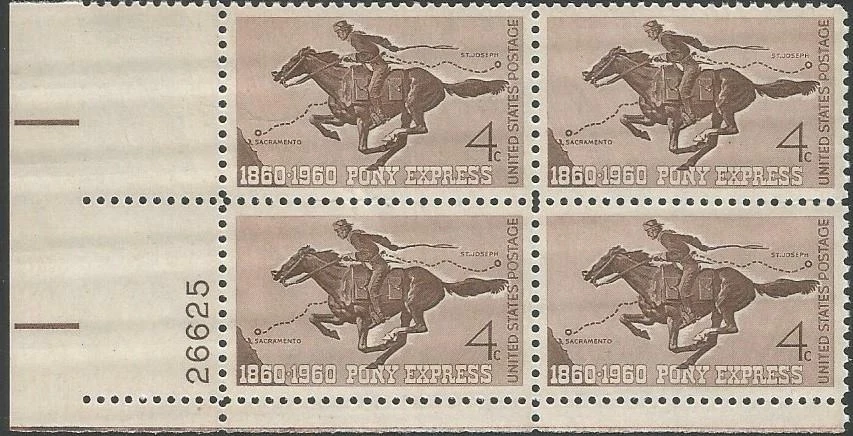 Plate Block of 4 stamps - Scott 1154 - 4 cent - Pony Express - 1960 - MNH - Image 1 of 1