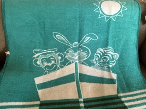 Vtg SAN MARCOS Blanket Monkey Rabbit Bunny Tiger Boat Sun Teal Cream Kids 42x44 - Picture 1 of 12
