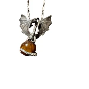 Sterling Silver 925 Dragon Pendant Necklace With Tiger Eye Gemstone - Picture 1 of 15