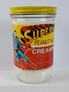 Vintage 1981 SUPERMAN Creamy Peanut Butter Jar 18 oz Yellow Red DC Comics RARE - Picture 1 of 10