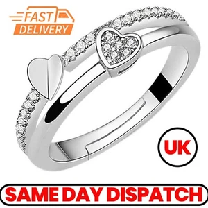 925 Sterling Silver Plated 2 Heart Open Adjustable Ring Women Wedding Valentine - Picture 1 of 7