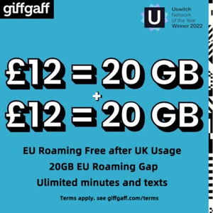 20GB giffgaff £12 PLAN  30 days with unltd call&text, 5GB Roaming after UK usage - Picture 1 of 7