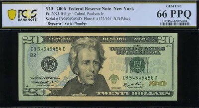2006 $20 FRN IB54545454D REPEATER P.C.G.S #66PPQ - Image 1 of 3