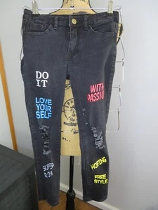 Hungson Boys Skinny Destroyed Distressed Black Jeans Size 8 With Word Graphics - Picture 1 of 15