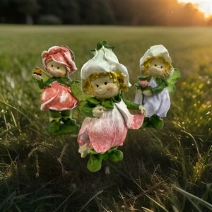 Vintage Garten Pixie Blumenfee Figur 3er Set Natur Feen Biene Blume - Bild 1 von 14