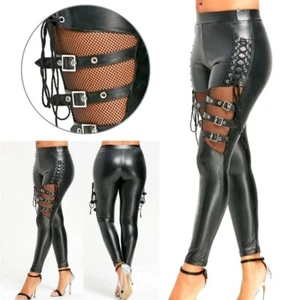 Frauen Keuchen Gothic Hose Hose Gothic Kunstleder Leggings PU-Leder Punk - Bild 1 von 14
