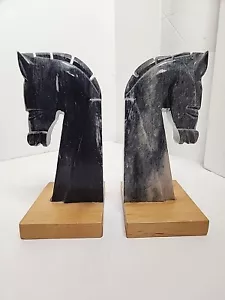 Vintage Chess Knight Horse Head Picasso Jasper Marble Stone Bookends Book Ends - Picture 1 of 10