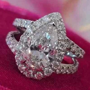 3Ct Pear Cut Simulated Diamond 14K White Gold Plated Womens Halo Engagement Ring - Picture 1 of 7