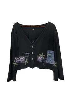 Damen Vintage blau Fisch wie klein schwarz Langarm Knopfleiste Blumenmuster - Bild 1 von 8