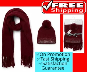 Madden NYC Conjunto de gorro con cable y bufanda a cuadros de invierno para mujer, 2 piezas, rojo - Imagen 1 de 11