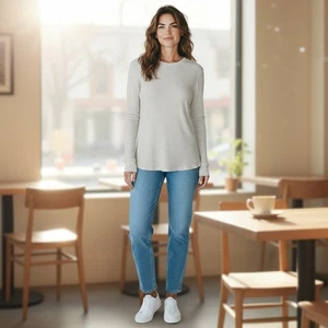 NUEVO Top Madewell Para Mujer Beige Acanalado Tejido Manga Larga Cuello Redondo Talla Mediana - Imagen 1 de 8