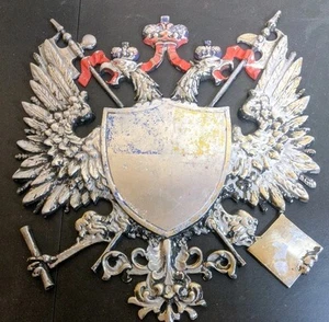 Vintage Metal Double Headed Eagle Crest Royal Crown Coat Of Arms Wall Hanging - Picture 1 of 13